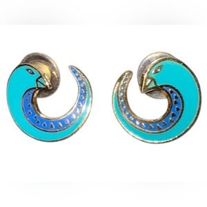 Laurel Burch Turquoise and Blue Enamel Spiral Bird Earrings